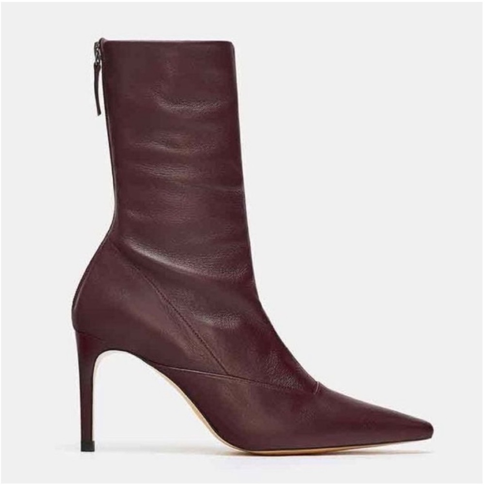 NWT Zara Women Leather Burgundy Pointed Toe Heeled Ankle Boots